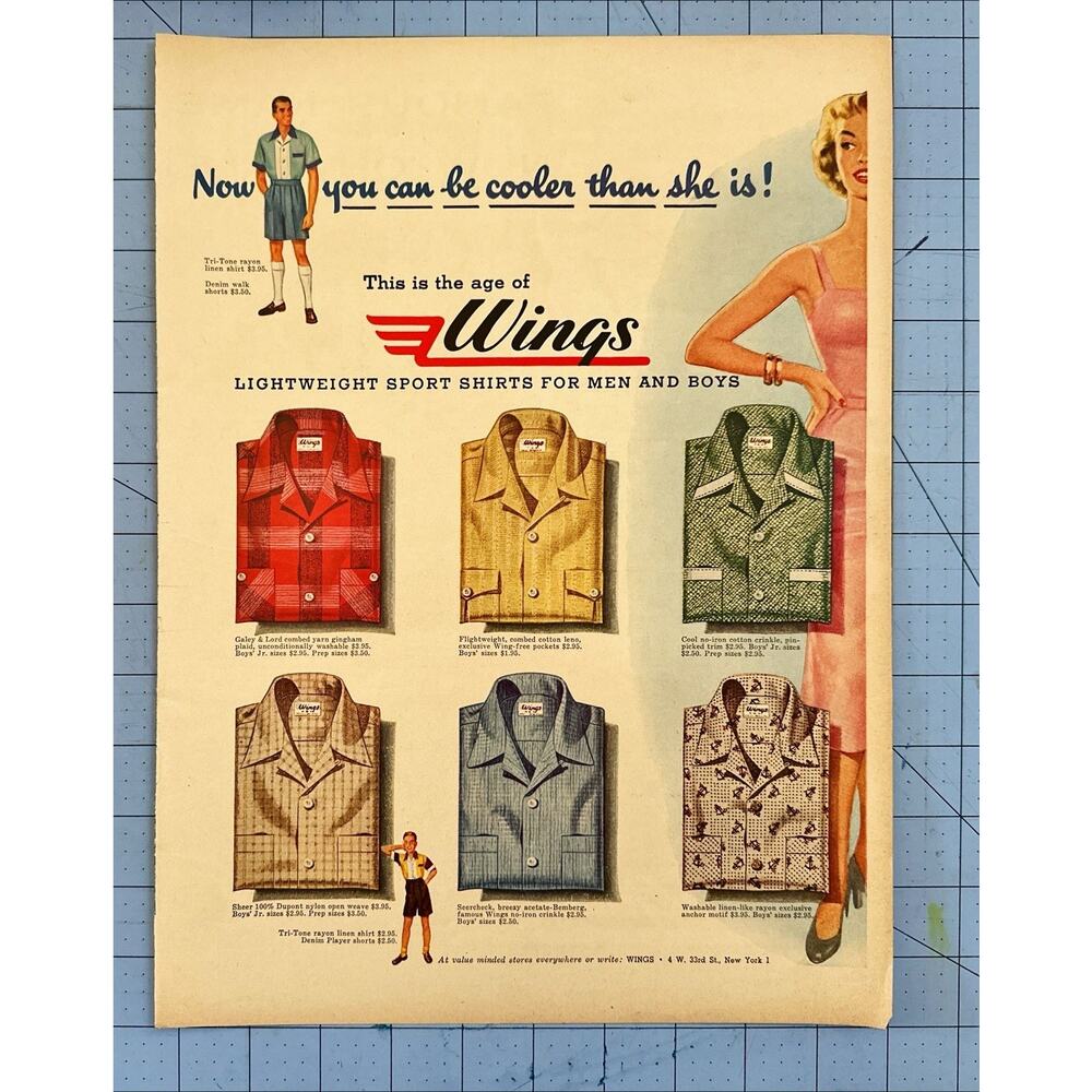 Wings Lightweight Sport Shirts Print Ad Men Boys Fashion Apparel Clothing 1954